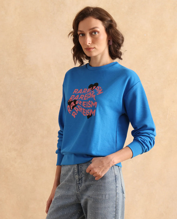 Rareism Women Flowe Blue Cotton Poly Fabric Full Sleeve Crew Neck Regular Fit Graphic Print Sweatshirt