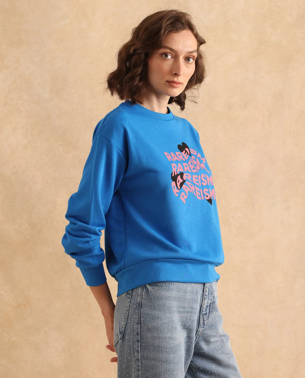 Rareism Women Flowe Blue Cotton Poly Fabric Full Sleeve Crew Neck Regular Fit Graphic Print Sweatshirt