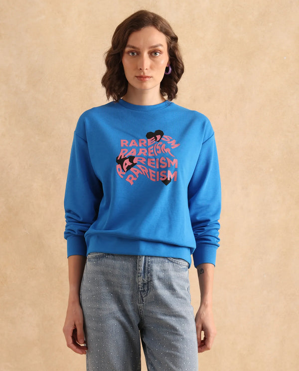 Rareism Women Flowe Blue Cotton Poly Fabric Full Sleeve Crew Neck Regular Fit Graphic Print Sweatshirt