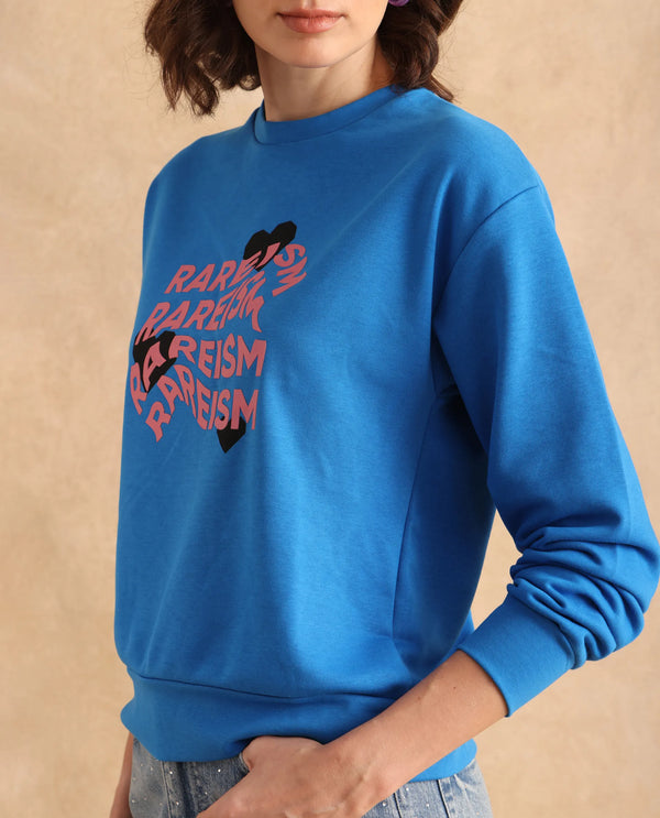 Rareism Women Flowe Blue Cotton Poly Fabric Full Sleeve Crew Neck Regular Fit Graphic Print Sweatshirt