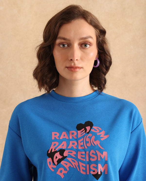 Rareism Women Flowe Blue Cotton Poly Fabric Full Sleeve Crew Neck Regular Fit Graphic Print Sweatshirt