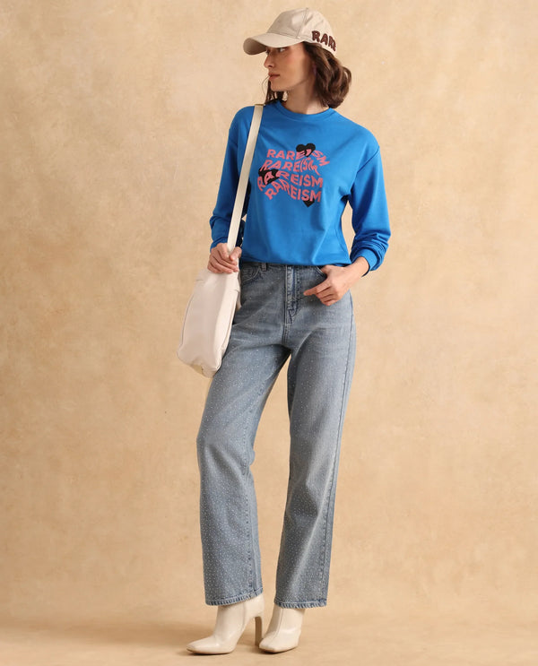 Rareism Women Flowe Blue Cotton Poly Fabric Full Sleeve Crew Neck Regular Fit Graphic Print Sweatshirt