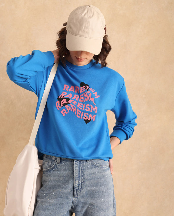 Rareism Women Flowe Blue Cotton Poly Fabric Full Sleeve Crew Neck Regular Fit Graphic Print Sweatshirt