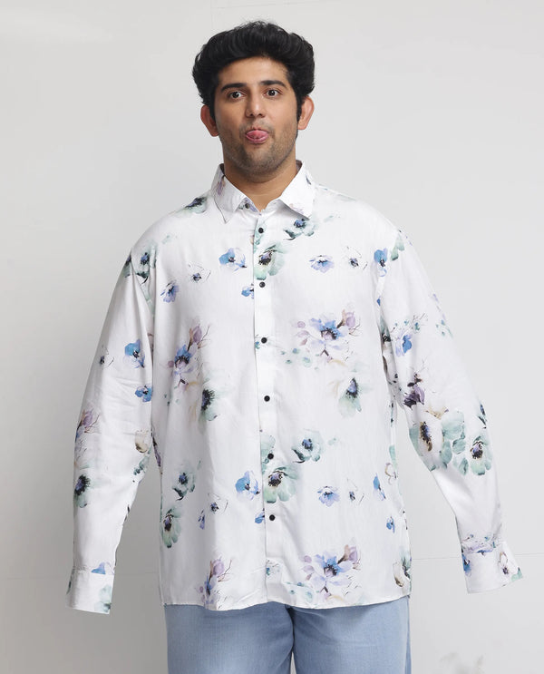Rare Rabbit Men's Flowey White Viscose Fabric Full Sleeves Floral Print Shirt Plus Size