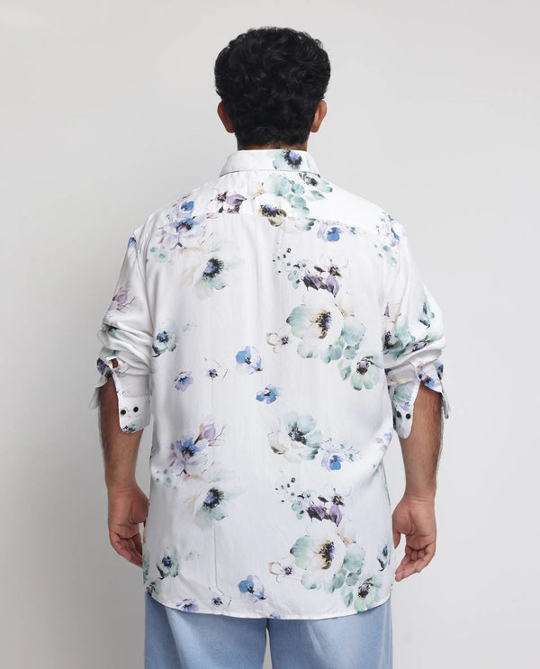 Rare Rabbit Men's Flowey White Viscose Fabric Full Sleeves Floral Print Shirt Plus Size