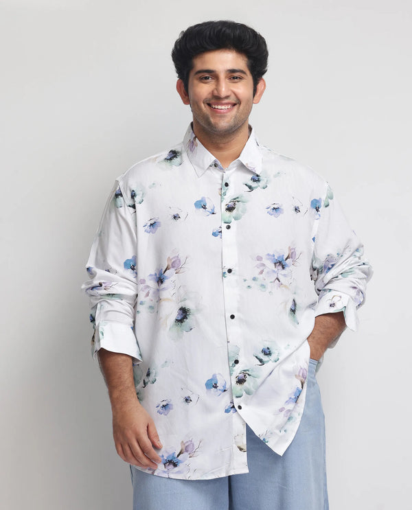 Rare Rabbit Men's Flowey White Viscose Fabric Full Sleeves Floral Print Shirt Plus Size
