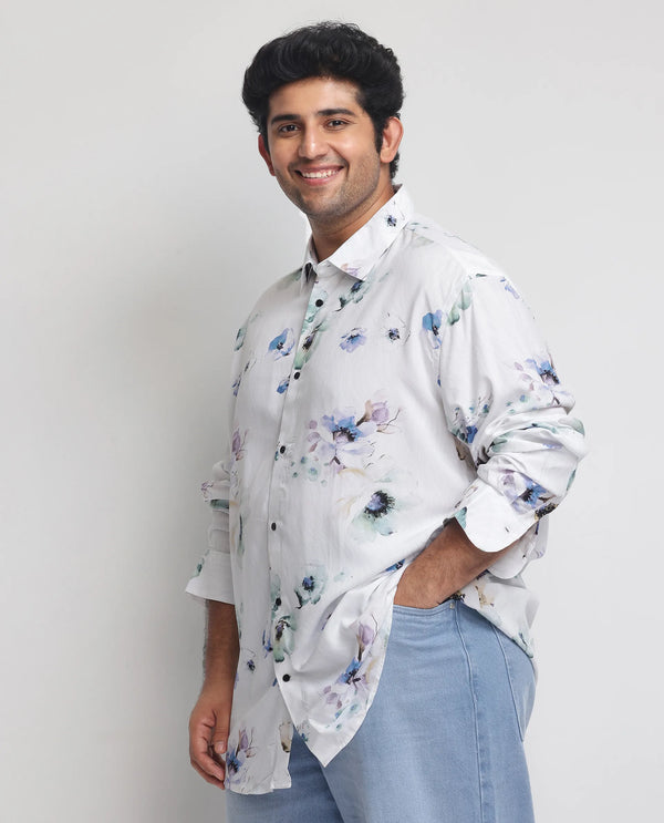 Rare Rabbit Men's Flowey White Viscose Fabric Full Sleeves Floral Print Shirt Plus Size