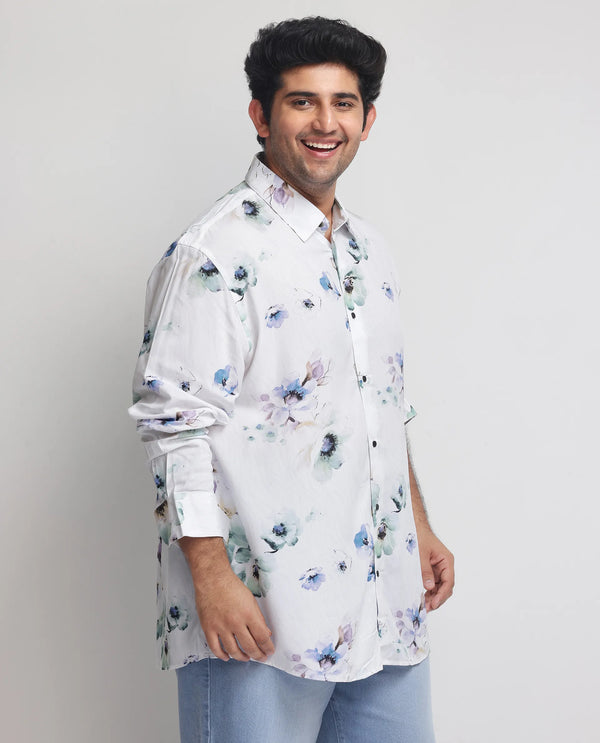Rare Rabbit Men's Flowey White Viscose Fabric Full Sleeves Floral Print Shirt Plus Size