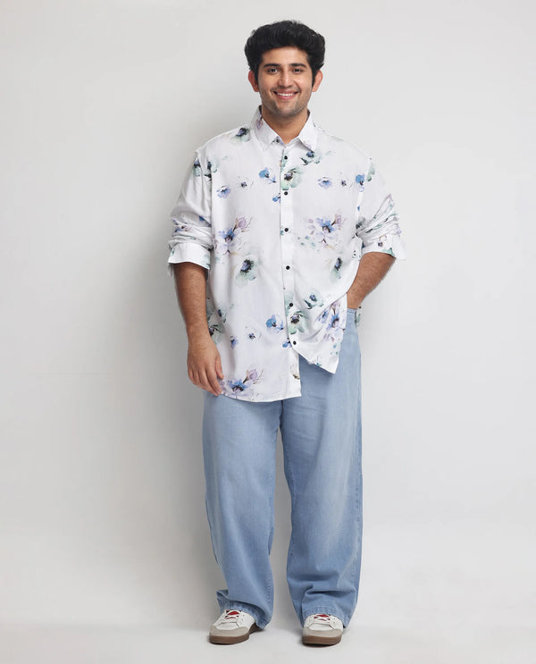 Rare Rabbit Men's Flowey White Viscose Fabric Full Sleeves Floral Print Shirt Plus Size