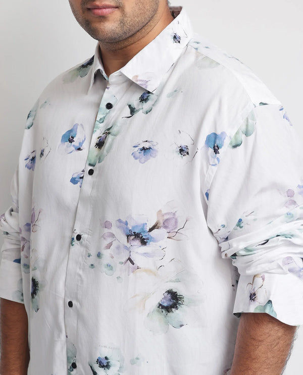 Rare Rabbit Men's Flowey White Viscose Fabric Full Sleeves Floral Print Shirt Plus Size