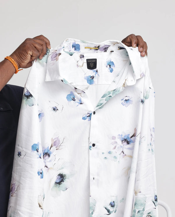 Rare Rabbit Men's Flowey White Viscose Fabric Full Sleeves Floral Print Shirt Plus Size