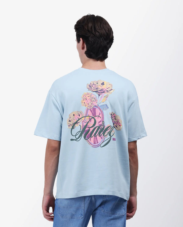 Rare Rabbit Men Fluen Light Blue Cotton Fabric Short Sleeve Oversized Fit Printed T-Shirt