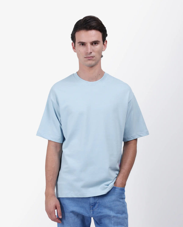 Rare Rabbit Men Fluen Light Blue Cotton Fabric Short Sleeve Oversized Fit Printed T-Shirt