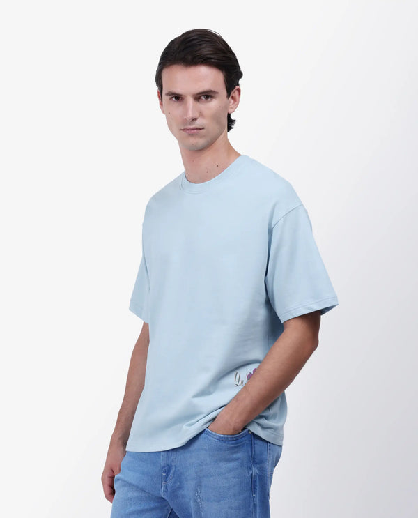 Rare Rabbit Men Fluen Light Blue Cotton Fabric Short Sleeve Oversized Fit Printed T-Shirt