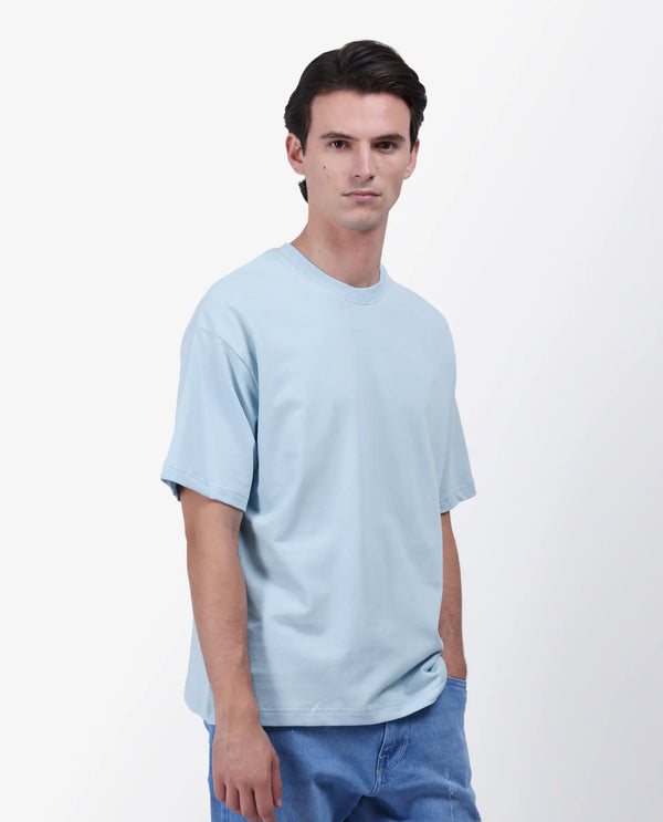 Rare Rabbit Men Fluen Light Blue Cotton Fabric Short Sleeve Oversized Fit Printed T-Shirt