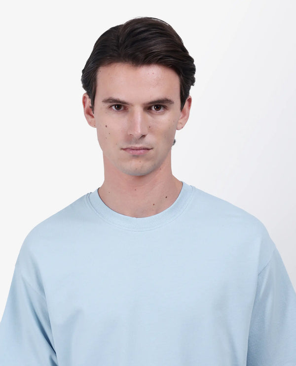 Rare Rabbit Men Fluen Light Blue Cotton Fabric Short Sleeve Oversized Fit Printed T-Shirt