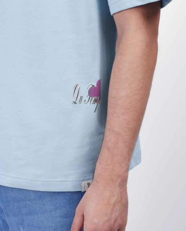 Rare Rabbit Men Fluen Light Blue Cotton Fabric Short Sleeve Oversized Fit Printed T-Shirt