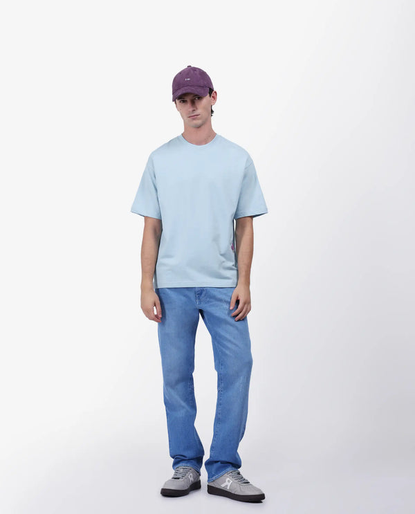 Rare Rabbit Men Fluen Light Blue Cotton Fabric Short Sleeve Oversized Fit Printed T-Shirt