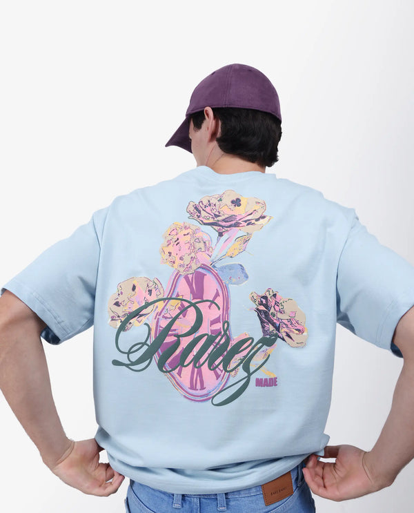 Rare Rabbit Men Fluen Light Blue Cotton Fabric Short Sleeve Oversized Fit Printed T-Shirt
