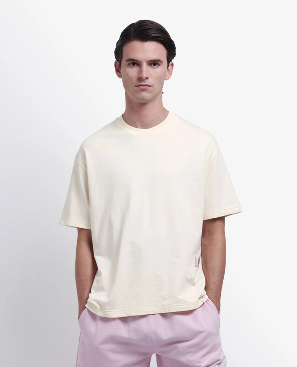 Rare Rabbit Men Fluen Off White Cotton Fabric Short Sleeve Oversized Fit Printed T-Shirt