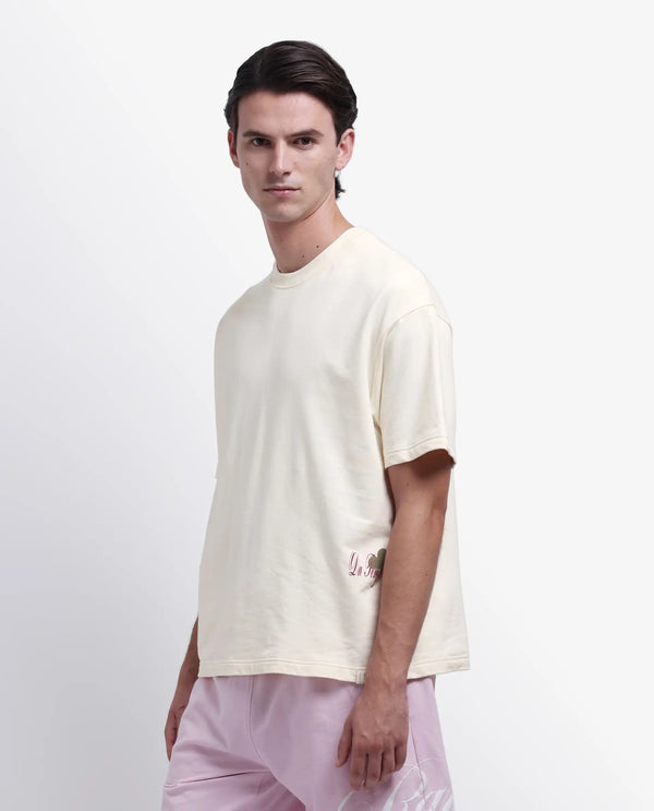 Rare Rabbit Men Fluen Off White Cotton Fabric Short Sleeve Oversized Fit Printed T-Shirt