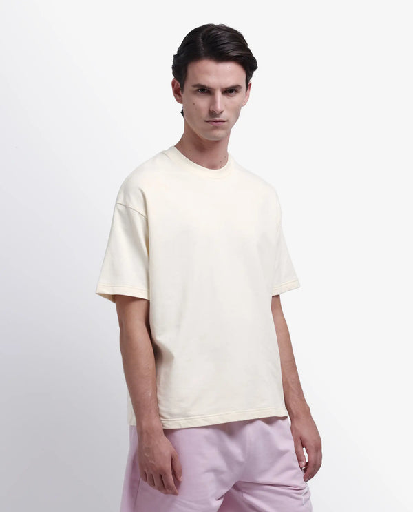 Rare Rabbit Men Fluen Off White Cotton Fabric Short Sleeve Oversized Fit Printed T-Shirt