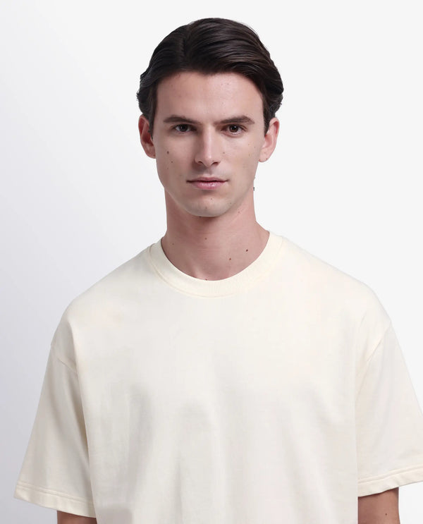Rare Rabbit Men Fluen Off White Cotton Fabric Short Sleeve Oversized Fit Printed T-Shirt