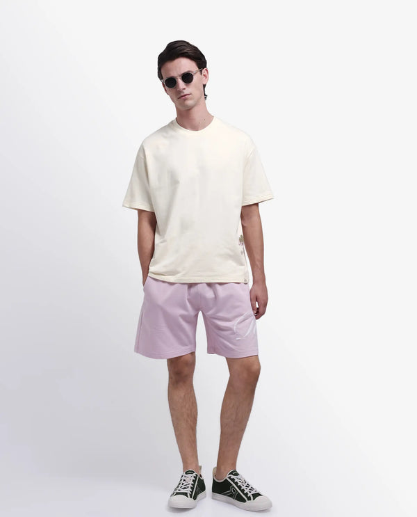 Rare Rabbit Men Fluen Off White Cotton Fabric Short Sleeve Oversized Fit Printed T-Shirt