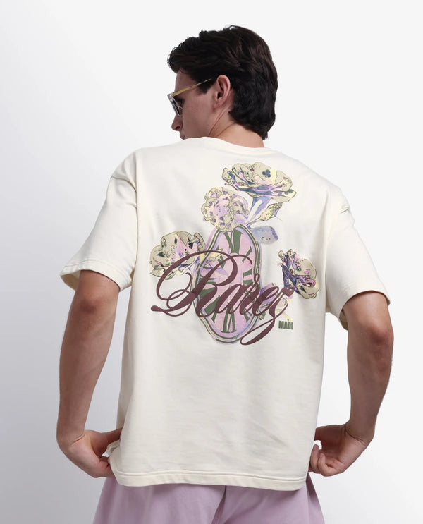 Rare Rabbit Men Fluen Off White Cotton Fabric Short Sleeve Oversized Fit Printed T-Shirt