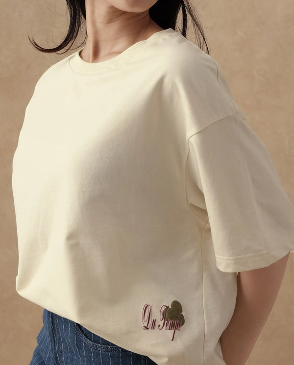 Rareism Women Fluers Beige Cotton Fabric Half Sleeve Crew Neck Slip-On Oversized Fit Graphic Print T-Shirt