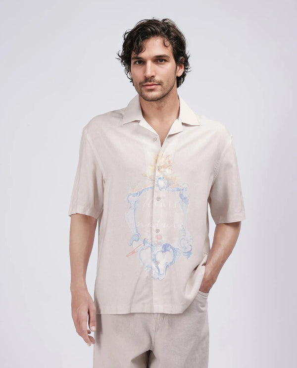 Rare Rabbit Men Fluerst Beige Cotton Fabric Short Sleeve Cuban Collar Abstract Print Shirt