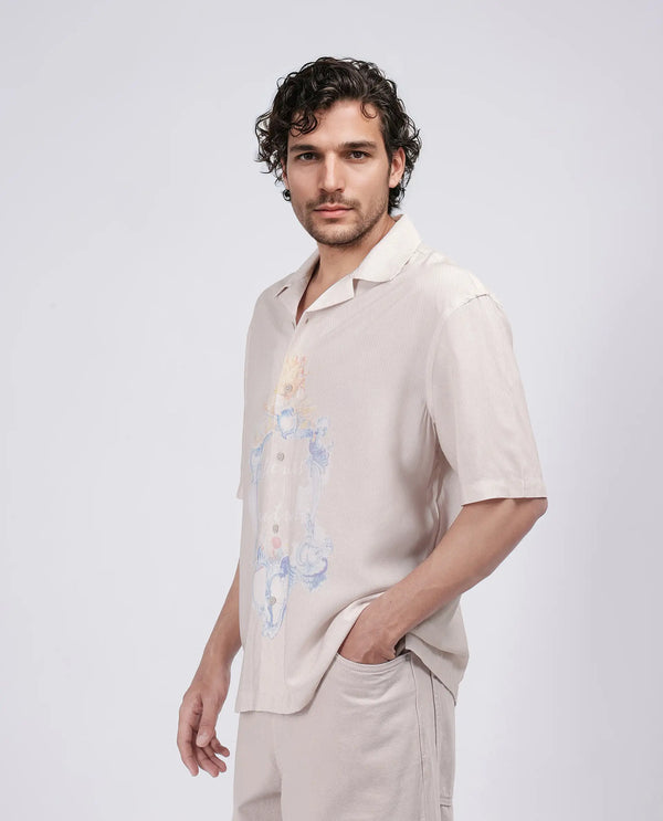Rare Rabbit Men Fluerst Beige Cotton Fabric Short Sleeve Cuban Collar Abstract Print Shirt