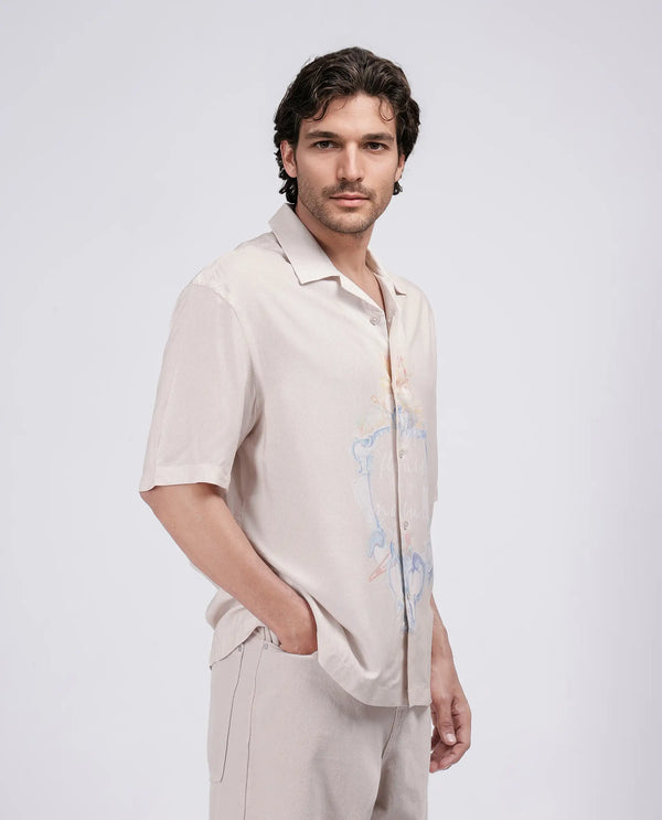 Rare Rabbit Men Fluerst Beige Cotton Fabric Short Sleeve Cuban Collar Abstract Print Shirt