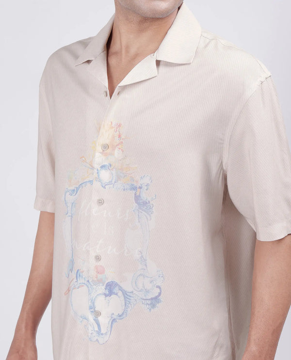 Rare Rabbit Men Fluerst Beige Cotton Fabric Short Sleeve Cuban Collar Abstract Print Shirt
