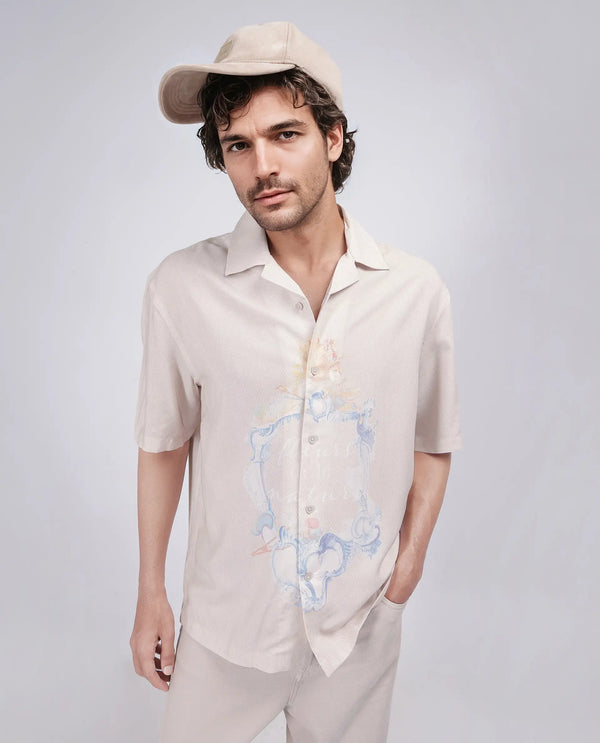 Rare Rabbit Men Fluerst Beige Cotton Fabric Short Sleeve Cuban Collar Abstract Print Shirt