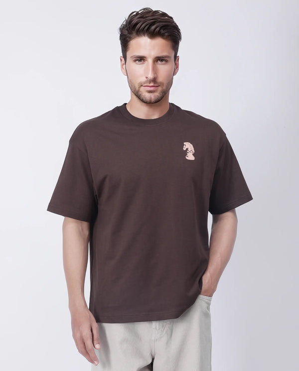 Rare Rabbit Men Fluen Brown Cotton Fabric Short Sleeve Oversized Fit Printed T-Shirt