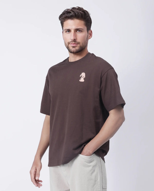 Rare Rabbit Men Fluen Brown Cotton Fabric Short Sleeve Oversized Fit Printed T-Shirt
