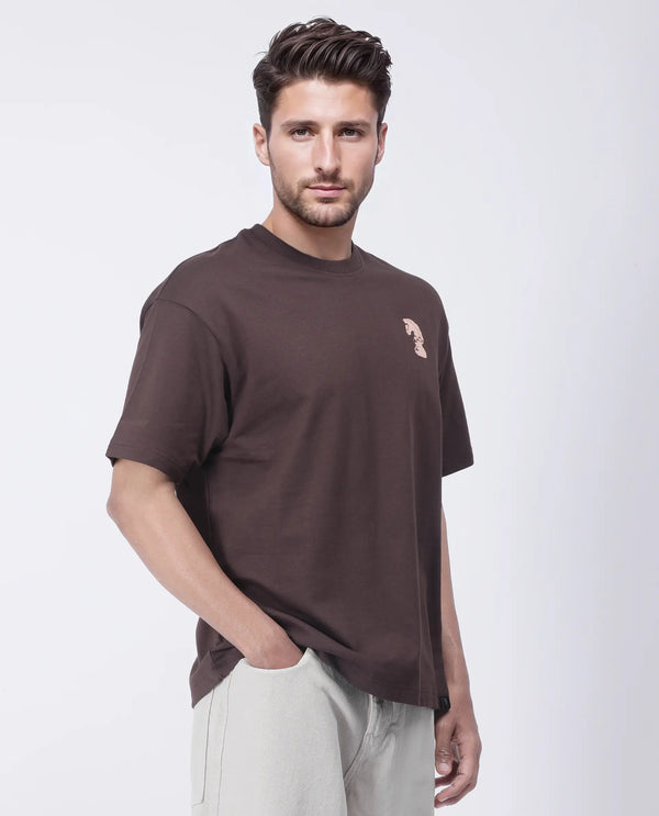 Rare Rabbit Men Fluen Brown Cotton Fabric Short Sleeve Oversized Fit Printed T-Shirt