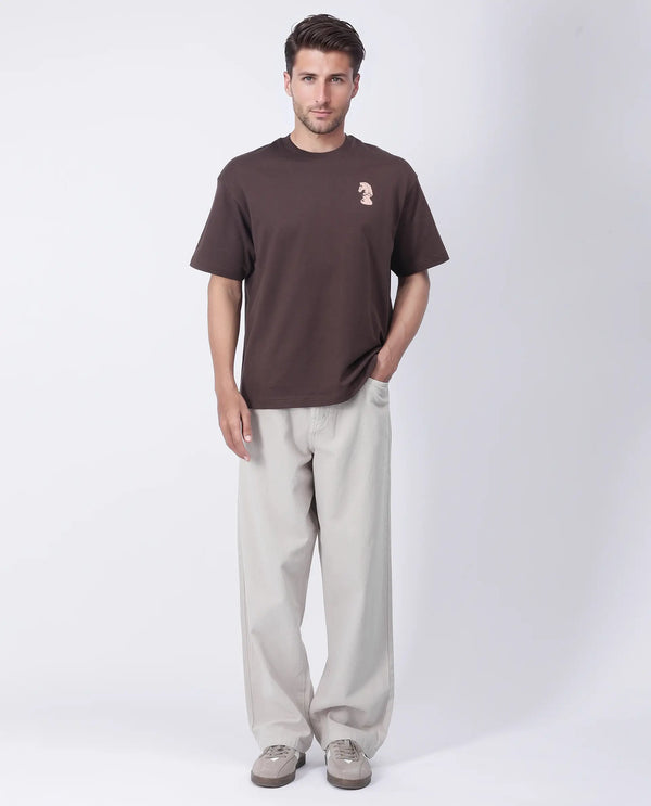Rare Rabbit Men Fluen Brown Cotton Fabric Short Sleeve Oversized Fit Printed T-Shirt
