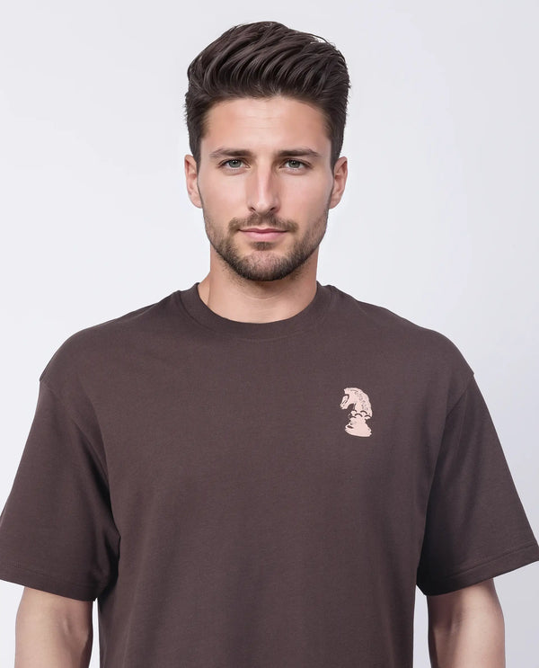 Rare Rabbit Men Fluen Brown Cotton Fabric Short Sleeve Oversized Fit Printed T-Shirt