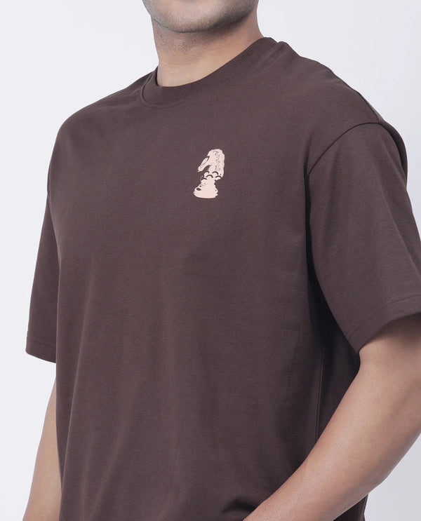 Rare Rabbit Men Fluen Brown Cotton Fabric Short Sleeve Oversized Fit Printed T-Shirt
