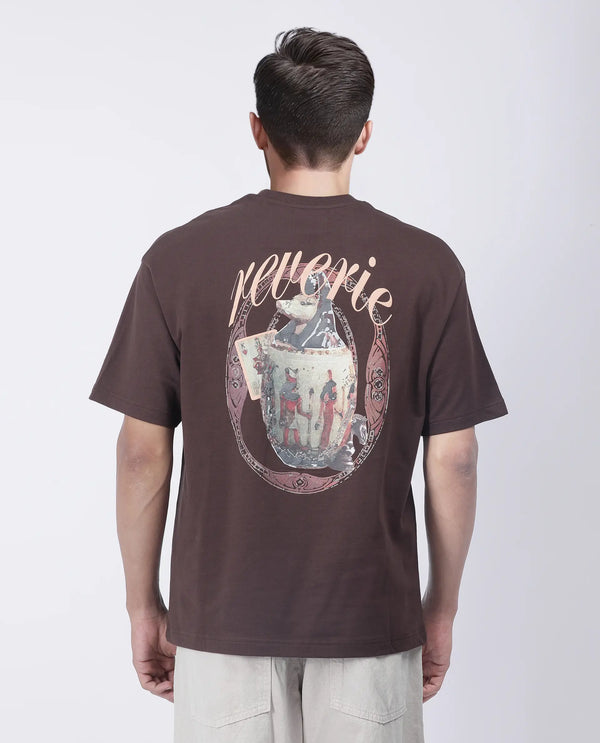 Rare Rabbit Men Fluen Brown Cotton Fabric Short Sleeve Oversized Fit Printed T-Shirt