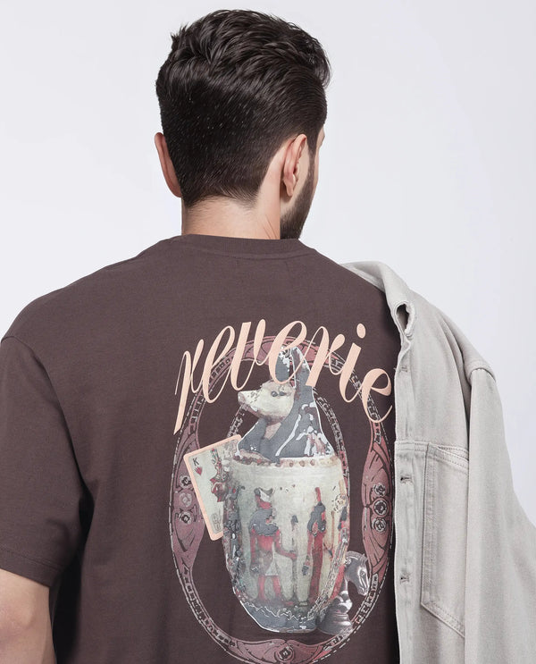 Rare Rabbit Men Fluen Brown Cotton Fabric Short Sleeve Oversized Fit Printed T-Shirt