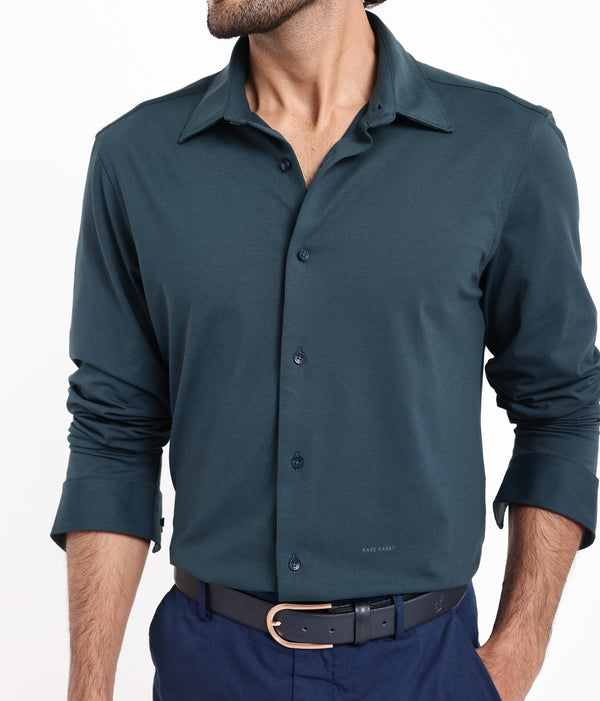 Rare Rabbit Men's Flyknit Teal Cotton Polyester Fabric Full Sleeves Knitted Solid Shirt