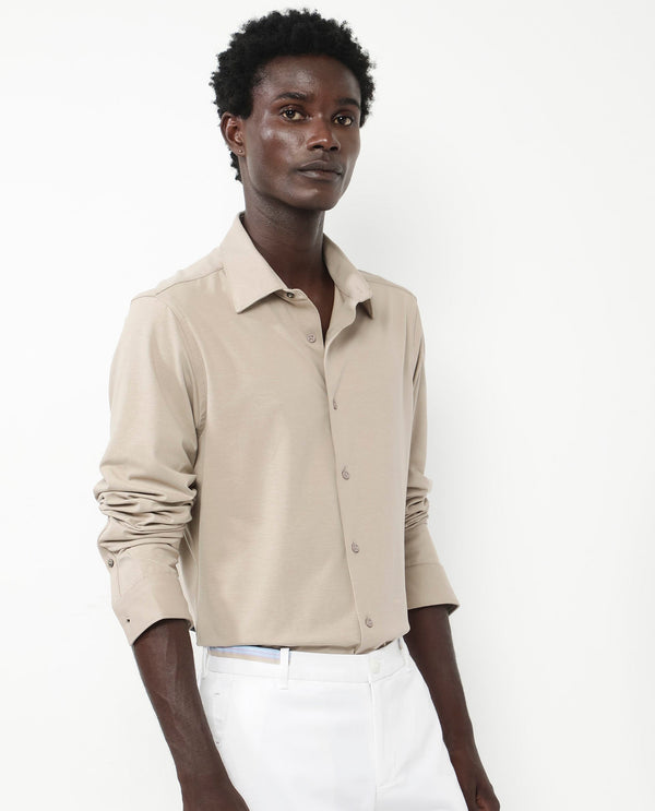 Rare Rabbit Men's Flyknit Beige Cotton Polyester Fabric Full Sleeves Knitted Solid Shirt
