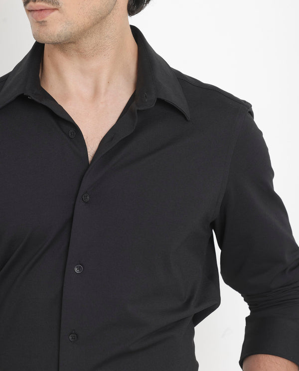 Rare Rabbit Men's Flyknit Black Cotton Polyester Fabric Full Sleeves Knitted Solid Shirt