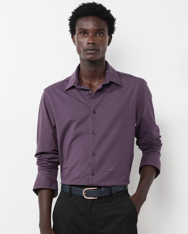 Rare Rabbit Men's Flyknit Dark Purple Cotton Polyester Fabric Full Sleeves Knitted Solid Shirt