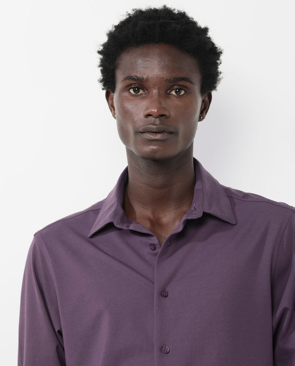 Rare Rabbit Men's Flyknit Dark Purple Cotton Polyester Fabric Full Sleeves Knitted Solid Shirt