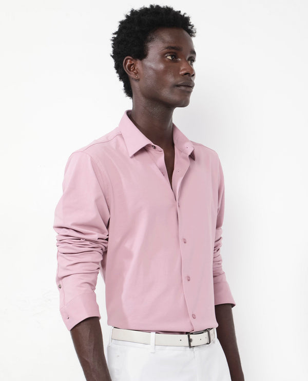 Rare Rabbit Men's Flyknit Dusky Pink Cotton Polyester Fabric Full Sleeves Knitted Solid Shirt