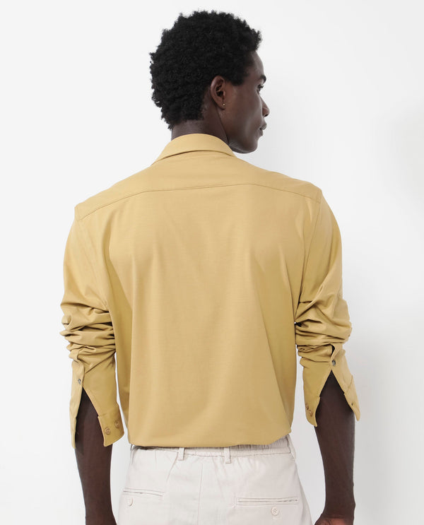 Rare Rabbit Men's Flyknit Mustard Cotton Polyester Fabric Full Sleeves Knitted Solid Shirt